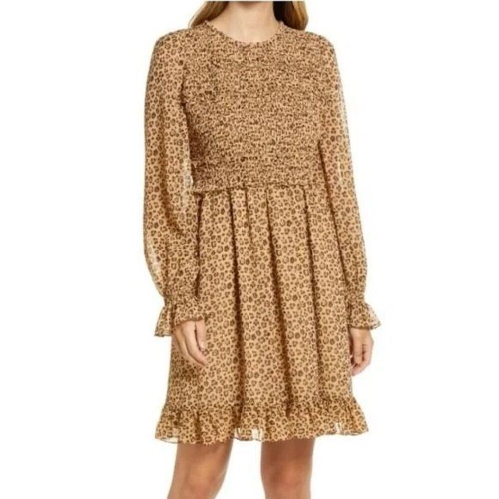 Rachel Parcell Dress‎ Leopard Print Chiffon Smocked Size XS Trendy, Boho Chic